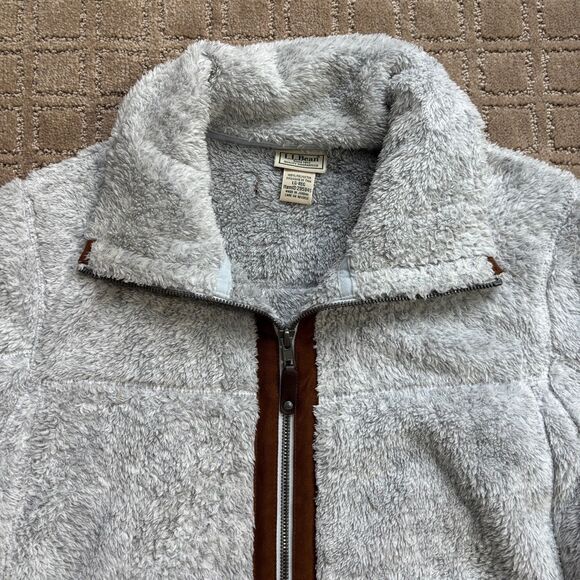 LL Bean Fleece Jacket Womens L Gray Full Zip Suede Trim Outdoors Casual Cozy EUC - Picture 3 of 9